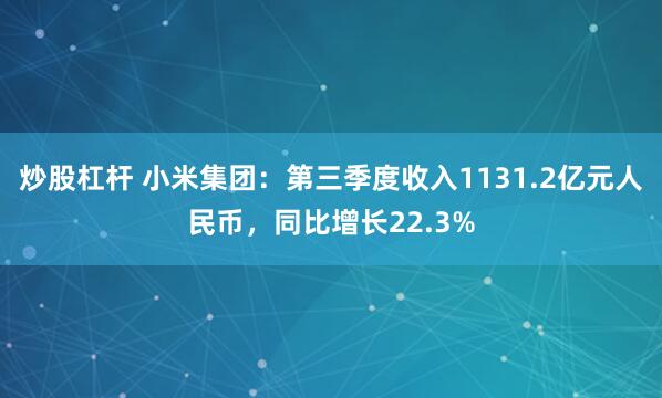 炒股杠杆 小米集团：第三季度收入1131.2亿元人民币，同比增长22.3%